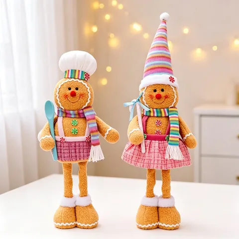 Christmas Extendable Gingerbread Man Plush Doll Pink Plaid Skirt Cookie Man Tabletop Decoration Christmas Tree Ornament Gift