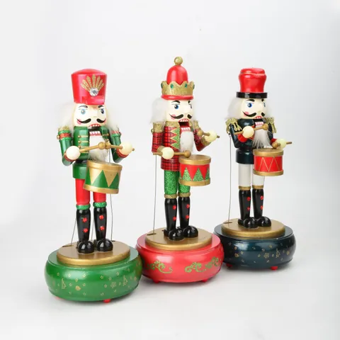 Vintage Wooden Nutcracker Music Box Mechanical Soldier Figurine Hand Painted Christmas Tabletop Decoration Holiday Gift