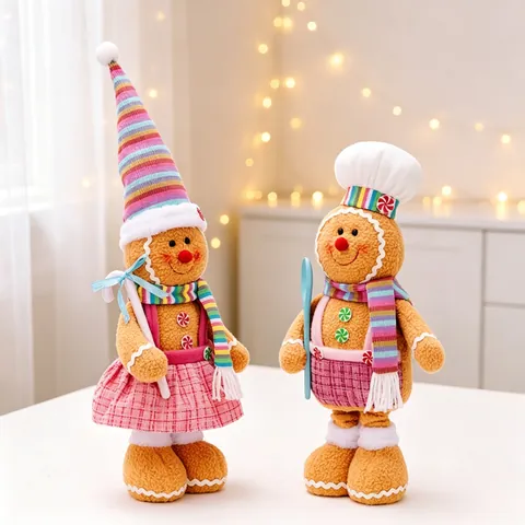 Christmas Extendable Gingerbread Man Plush Doll Pink Plaid Skirt Cookie Man Tabletop Decoration Christmas Tree Ornament Gift