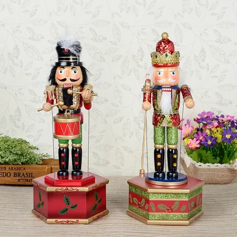 Traditional Wooden Nutcracker Mechanical Music Box Wind-up Soldier King Figurine Christmas Decoration Ornament Gift