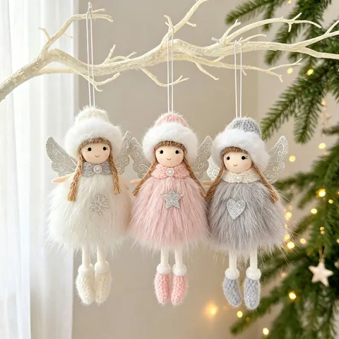 Muñeca de Ángel de Peluche de Navidad Adorno Colgante con Alas de Purpurina y Gorro de Punto Blanco Rosa Gris Decoración de Árbol de Navidad para Hogar Fiesta Ventana