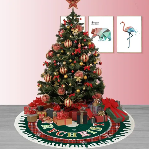 Weihnachtsbaumrock Karomuster Kante Frohe Weihnachten Buchstaben Druck Rot Grün Schneeflocke Runde Basis Abdeckung Dekoration