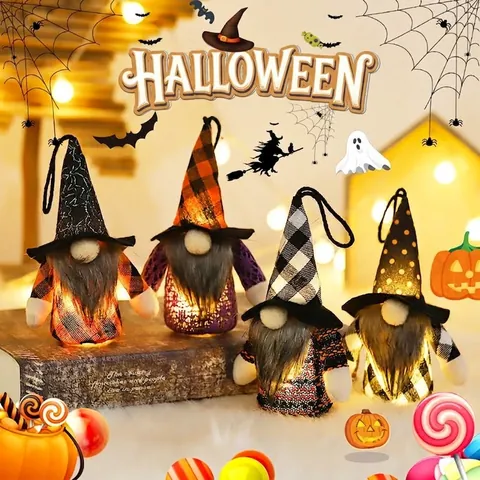 Halloween LED Lighted Gnome Plush Doll Forest Faceless Man Plaid Hat Long Beard Hanging Ornament Festive Party Decoration
