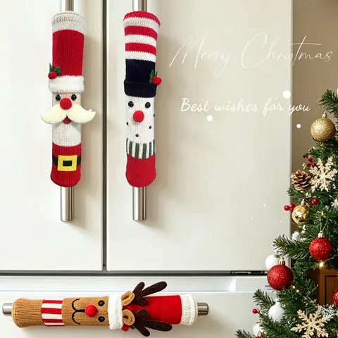 Christmas Refrigerator Handle Covers 3D Plush Knit Santa Claus Snowman Reindeer Kitchen Appliance Decoration Anti-Slip Covers Festive Home Decor