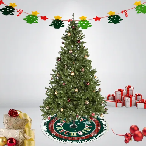 Weihnachtsbaumrock Karomuster Kante Frohe Weihnachten Buchstaben Druck Rot Grün Schneeflocke Runde Basis Abdeckung Dekoration