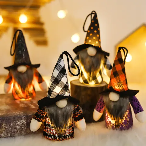 Halloween LED Lighted Gnome Plush Doll Forest Faceless Man Plaid Hat Long Beard Hanging Ornament Festive Party Decoration