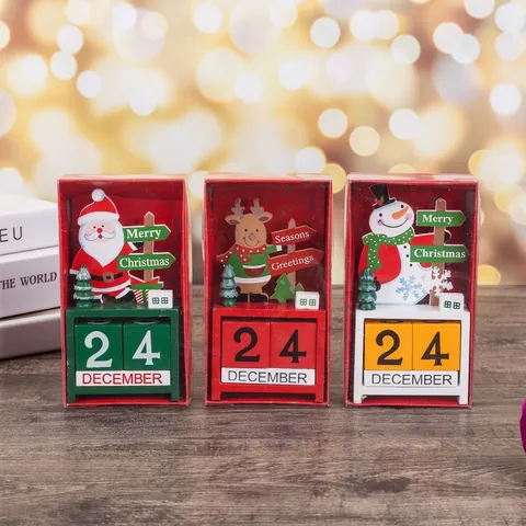 Wooden Christmas Advent Calendar Perpetual Tabletop Ornament Santa Claus Snowman Reindeer Tree Festival Desktop Decoration Gift