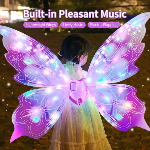 Electric Glowing Butterfly Wings for Girls Kids LED Moving Fairy Wings with Music Costume Props for Performance Party Dress Up Toy