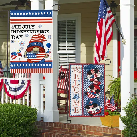 Independence Day American Flag Garden Flag Outdoor Decoration Patriotic Gnome Eagle Statue Of Liberty Polyester Banner Yard Ornament With Metal Stand