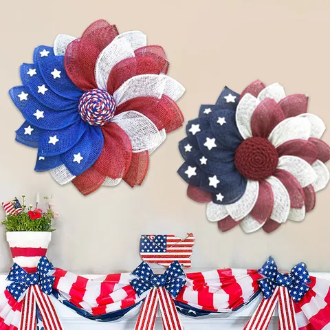 American Independence Day Wreath Red White Blue Star Stripe USA Patriotic Decoration Mesh Rattan Burlap Flower Wreath Hanging Door Decor For Party Celebration
