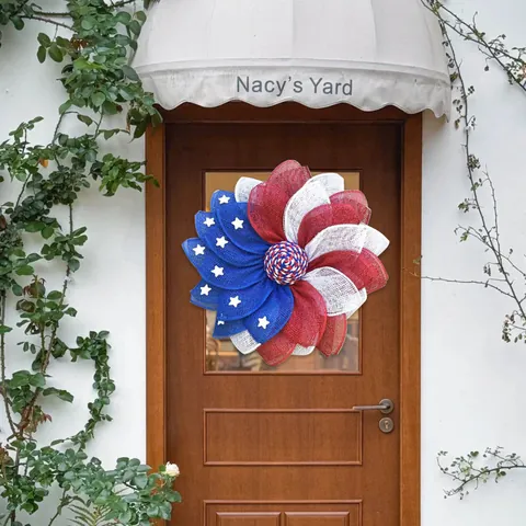 American Independence Day Wreath Red White Blue Star Stripe USA Patriotic Decoration Mesh Rattan Burlap Flower Wreath Hanging Door Decor For Party Celebration
