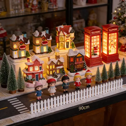 Miniature Christmas Micro Landscape Accessories Resin Snow House Luminous Telephone Booth Flocked Pine Tree DIY Scene Ornaments Festive Micro Town Decorations