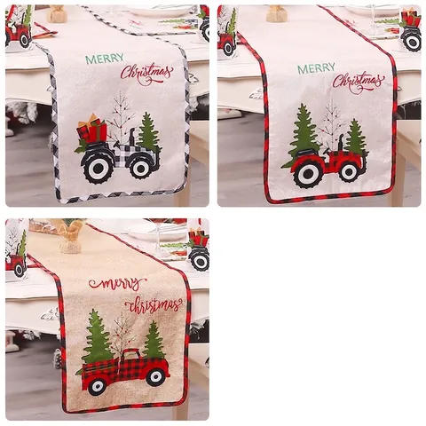Christmas Linen Table Runner Red Black Buffalo Plaid Tractor Christmas Tree Print Decorative Tablecloth For Home Dining