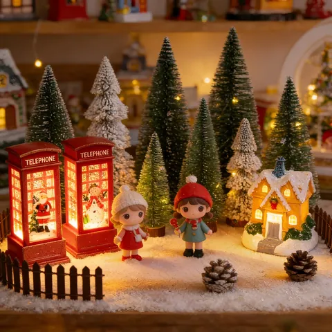 Miniature Christmas Micro Landscape Accessories Resin Snow House Luminous Telephone Booth Flocked Pine Tree DIY Scene Ornaments Festive Micro Town Decorations