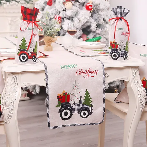 Christmas Linen Table Runner Red Black Buffalo Plaid Tractor Christmas Tree Print Decorative Tablecloth For Home Dining