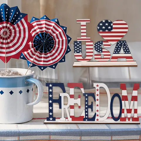 US Independence Day Wooden Letter Desktop Ornament American Flag Stars Stripes Print Patriotic Table Decor Party Props