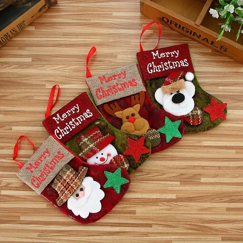Chaussette de Noël en Similicuir Vintage Ornement Tissu Imprimé Lettres Décoration Suspendue pour Sapin de Noël Maison Fête