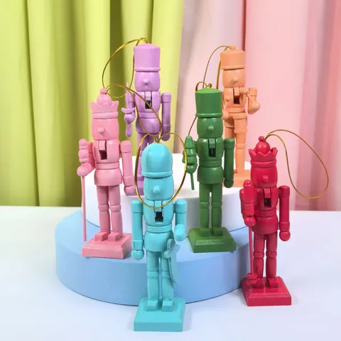 Wooden Nutcracker Soldier Puppet Hanging Ornaments Set Colorful Macaron Nutcracker Figurines For Christmas Easter Home Decor Festive Gift