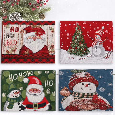 Christmas Cartoon Santa Claus Snowman Knitted Jacquard Placemat For Dining Table Decoration Heat Insulation Mat Holiday Party