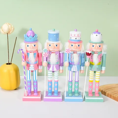 Macaron Color Wooden Nutcracker Soldier Figurine 25cm Solid Wood Christmas Ornament Hand Painted Holiday Home Decor
