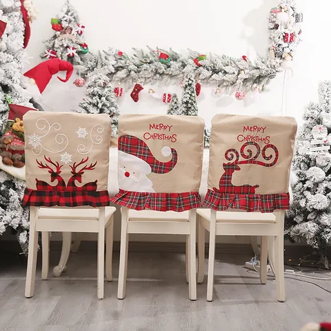 Coprisedia Natalizi in Iuta a Quadri con Renne Ricamate Fodere per Sedie da Pranzo per Feste di Natale Hotel Casa Ristorante