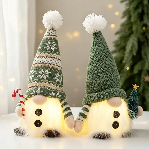 LED Light Up Christmas Gnome Forest Plush Faceless Doll Green Knitted Glowing Gnome Forest Dwarf Figurine For Home Decor