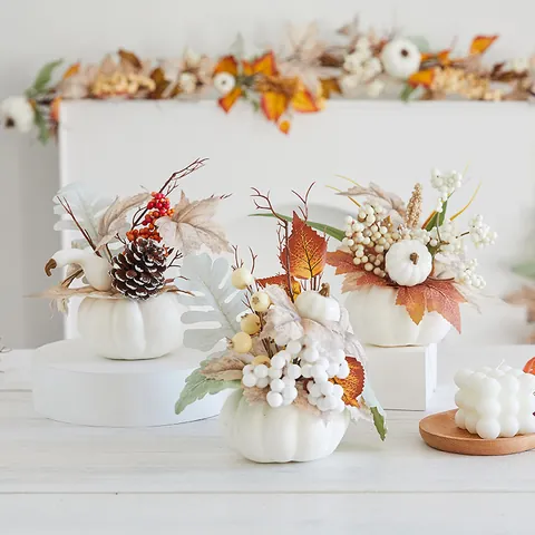 Halloween Simulation White Foam Pumpkin Ornament Artificial Maple Leaf Berry Pine Cone Decoration For Home Hotel Party Autumn Harvest Decor