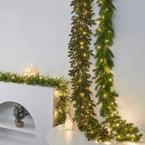 Artificial Christmas Garland With Warm White LED Lights PE Pine Rattan For Mantle Stair Gate Holiday Party Home Decor