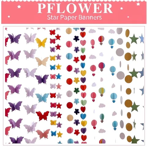 3D Paper Garland Butterfly Heart Star Shape Hanging Banner For Party Wedding Christmas Room Decoration Colorful Hanging Ornament Site Layout Props