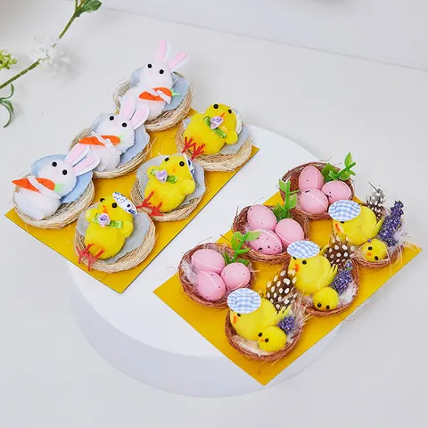 Easter Decorations Cute Plush Bunny And Chick In Jute Nest Figurine Set For Kids DIY Handcraft Holiday Party Home Table Decor