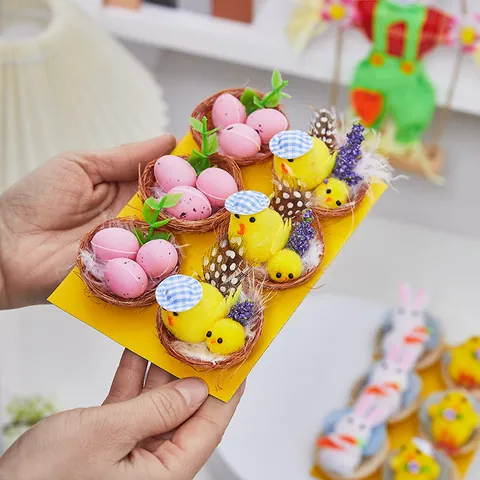 Easter Decorations Cute Plush Bunny And Chick In Jute Nest Figurine Set For Kids DIY Handcraft Holiday Party Home Table Decor