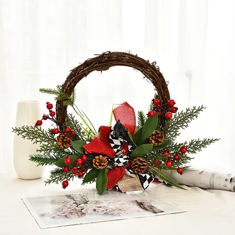 Handmade Christmas Wreath Natural Vine Wood Red Berry Buffalo Plaid Bow Rustic Holiday Door Hanging Decoration