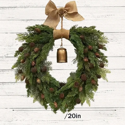 Christmas Wreath Pine Cones Metal Bell Burlap Bow Rattan Ring Artificial Pine Needle Hanging Decoration For Home Front Door Xmas Party Decor
