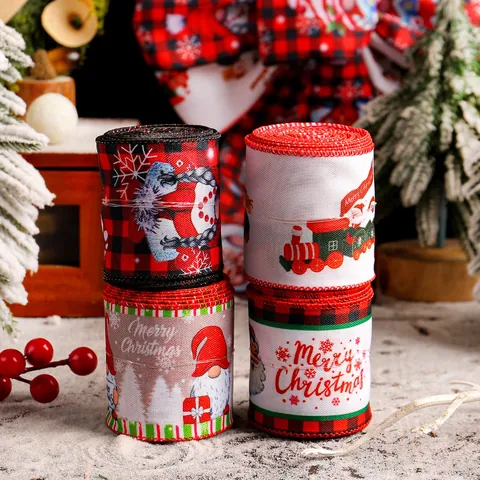 Kerst Bedraad Lint Rol Voor Boomdecoratie Cadeauverpakking Geruit Kerstman Kabouter Patroon Stof Ambachten