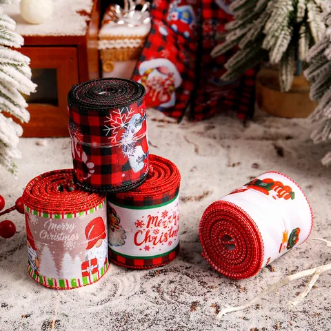 Kerst Bedraad Lint Rol Voor Boomdecoratie Cadeauverpakking Geruit Kerstman Kabouter Patroon Stof Ambachten