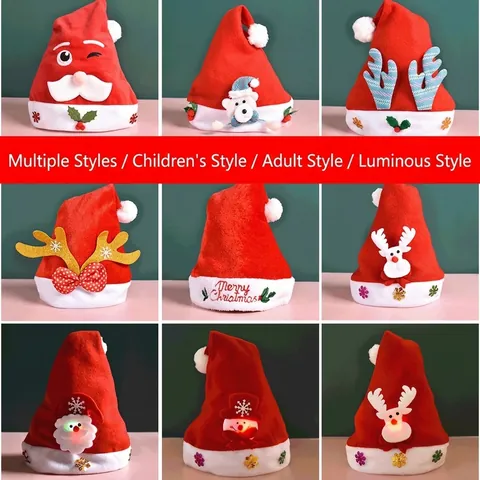 Cappello di Natale in Velluto Rosso Babbo Natale Renna Adulti Bambini LED Luminoso Ricamato Decorazione Festa Peluche