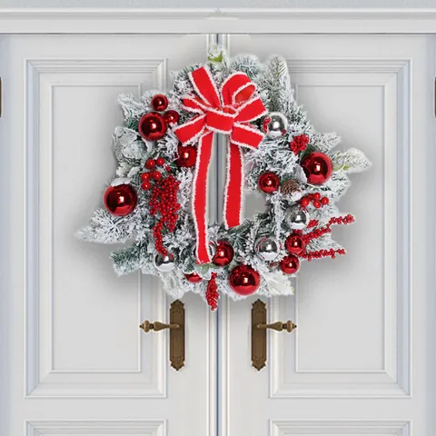 Guirnalda de Navidad Flocada Con Lazo de Terciopelo Rojo Piñas Bayas Para Puerta Pared Hotel Centro Comercial Decoración Navideña Exterior