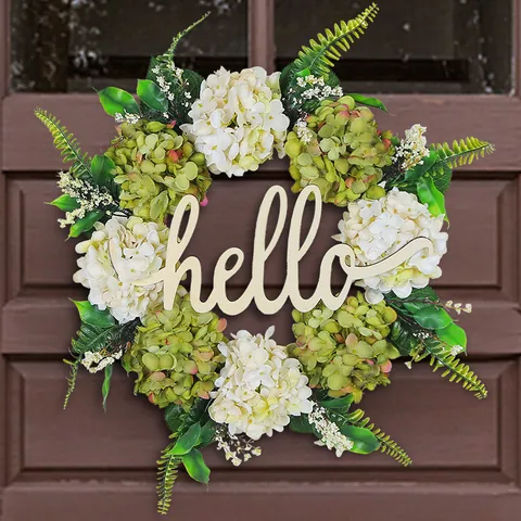 Artificial Hydrangea Wreath With Hello Wooden Sign Green White Floral Door Hanging Garland For Farmhouse Home Decor