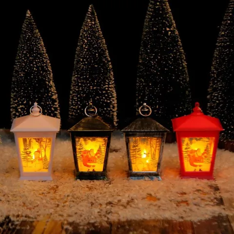 Lanterne à Vent Maison de Noël Veilleuse LED Portable Ornement en Plastique Vintage pour Décoration de Table Fête