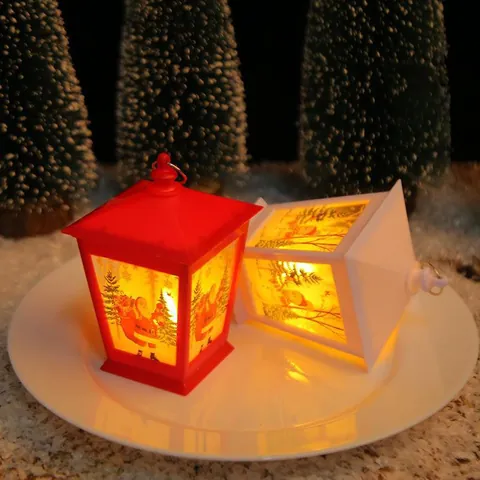 Lanterne à Vent Maison de Noël Veilleuse LED Portable Ornement en Plastique Vintage pour Décoration de Table Fête