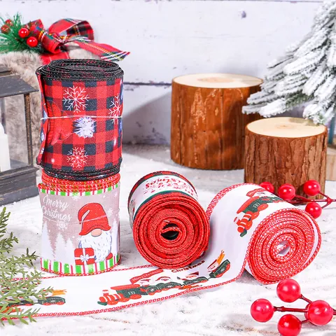 Ruban De Noël À Bord Filaire Écossais Père Noël Nain Train Imprimé Pour Emballage Cadeau Décoration Sapin Artisanat Ornement Festif