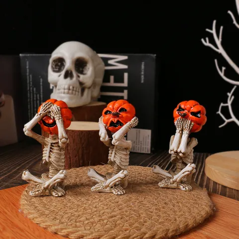 Figuritas De Esqueleto Con Cabeza De Calabaza Resina Meditación Yoga No Ver Oír Hablar Halloween Decoración De Escritorio