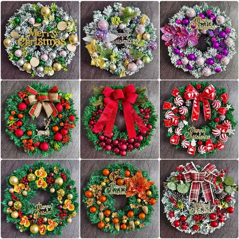 Artificial Christmas Wreath With Red Berries Ball Bow Christmas Tree Hanging Ornament For Door Mall Hotel Festive Decor