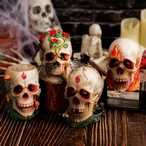 Adorno Calavera Halloween Resina Estatua Cabeza Esqueleto Atmósfera Terror Decoración Mesa Fiesta Casa Rosa Seta Llama Novedad