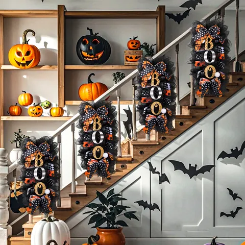 Ghirlanda di Halloween Spaventosa Con Lettera Boo Decorazione per Porta in Rete Con Fiocco per Casa Giardino Festa