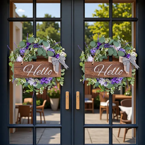Artificial Eucalyptus Wreath With Hello Wood Sign For Front Door Farmhouse Christmas Thanksgiving Simulation Greenery Flower Garland Decor