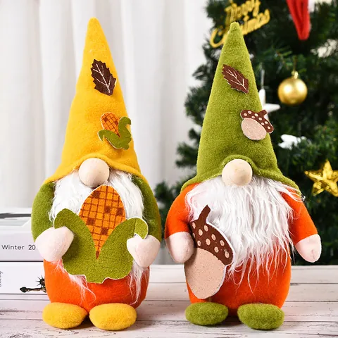 Handmade Fall Harvest Gnome Plush Decoration With Yellow Corn Acorn Sunflower Maple Leaf For Thanksgiving Home Table Decor