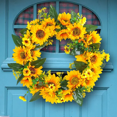 Couronne de Tournesols Artificiels Décoration Murale de Porte d'Entrée Printemps Été Maison Fête Mariage Guirlande Florale Polyester