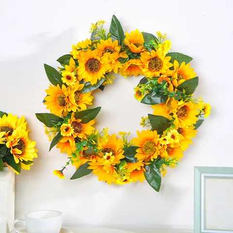 Couronne de Tournesols Artificiels Décoration Murale de Porte d'Entrée Printemps Été Maison Fête Mariage Guirlande Florale Polyester