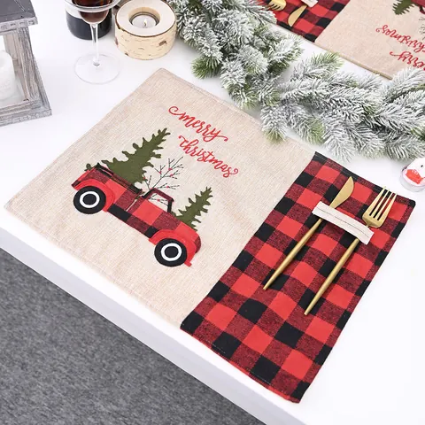 Christmas Buffalo Plaid Placemat Red Truck Pattern Linen Table Mat Holiday Dining Decor Cutlery Pocket Merry Christmas